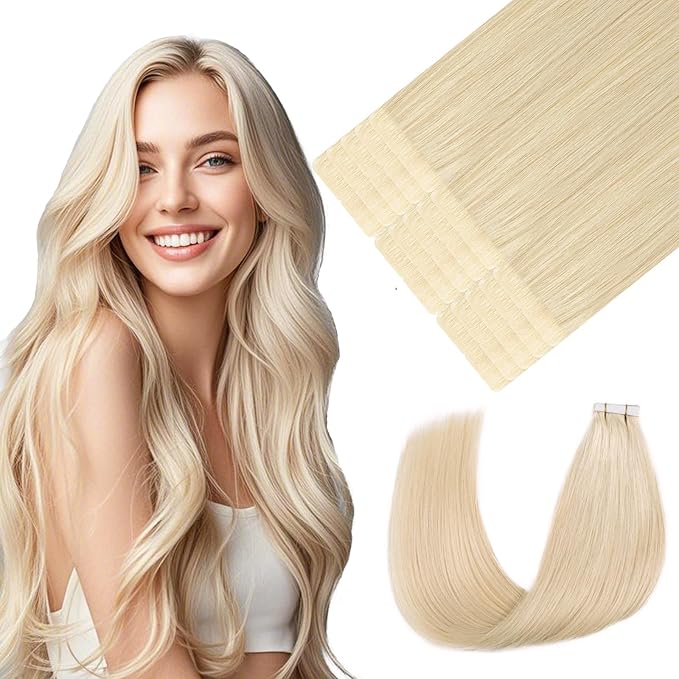 Youngsmile Injection Tape in Hair Extensions Human Hair #60 Platinum Blonde Invisi Edge Extensions 20pcs 45g 20 Inch Injected Tape in Hair Extensions Real Human Hair (#60,20'')