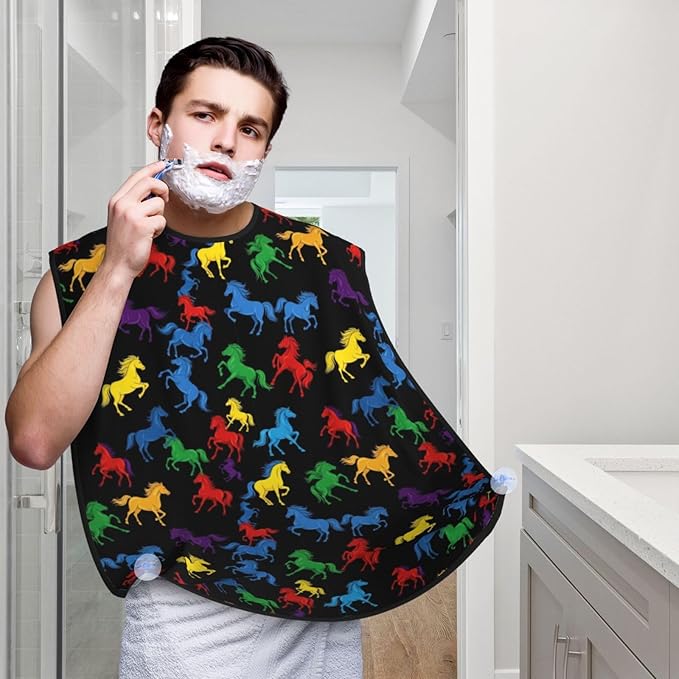 Beard Trimming Catcher Apron, Waterproof Non-Stick Grooming Bib for Shaving, Ideal for Men Dad Father’s Day, Black Colorful Horses Shave Bib