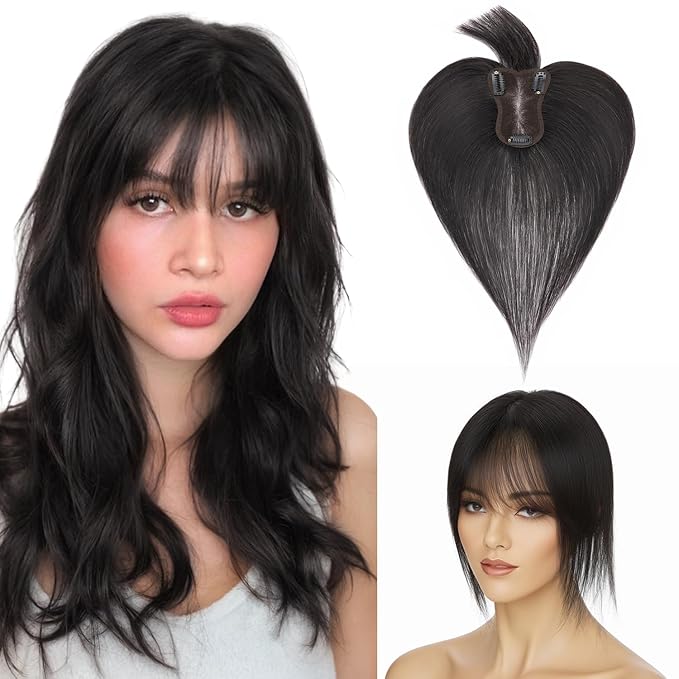 Human Hair Topper with Bangs for Women, 360° Cover Clip in Fringe Bangs Hair Toppers Hair Piece Natural Black-3.15x4.33 Hand-tied Base (Natural Black)