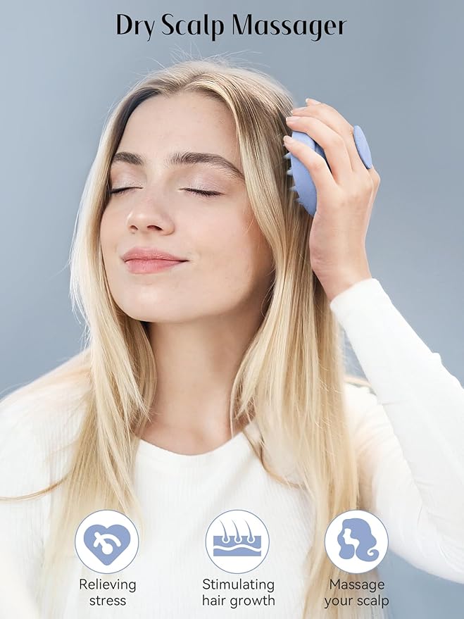 HEETA Scalp Massager Hair Growth, Soft Silicone Scalp Scrubber Shampoo Brush for Exfoliation, Dandruff Removal & Head Massage Stress Relax, Wet & Dry Use for Thick, Thin Hair Care, Wheat Straw Blue