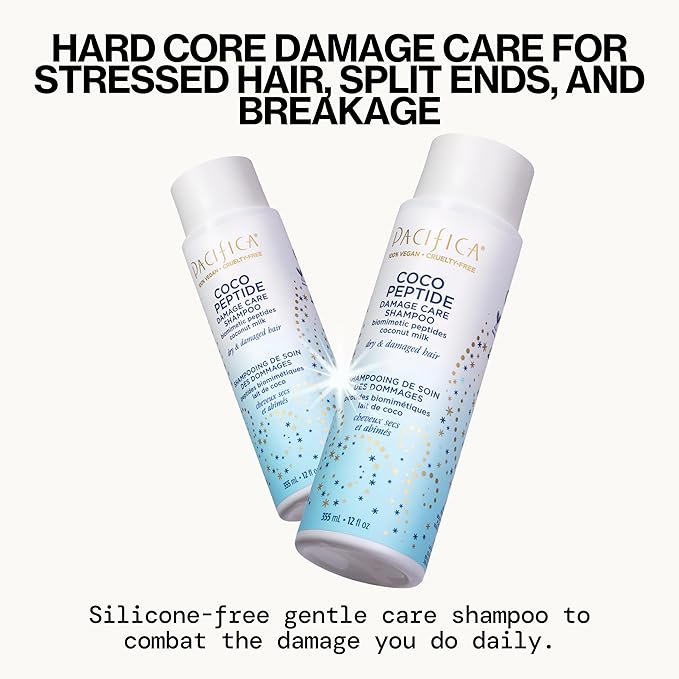 Pacifica Coco Peptide Damage Care Shampoo & Conditioner Set – Repairing Hair Care for Dry Damaged Hair Vegan Collagen & Peptides for Split Ends & Breakage Sulfate Free Clean Vegan Dermatologist Tested