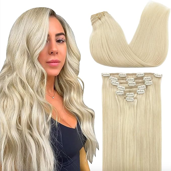 GOO GOO Clip in Hair Extensions Real Human Hair, Remy Human Hair Extensions Clip ins for Women, Natural Human Hair, 24inch 170g 7Pcs, #60A Platinum Blonde
