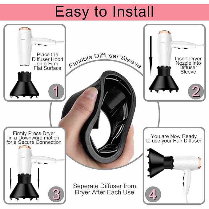Universal Hair Diffuser Adaptable Hair Dryer Attachment for Blow Dryer Nozzles from 1.7 to 2.2 inch Diameter (Black with Shampoo Brush)