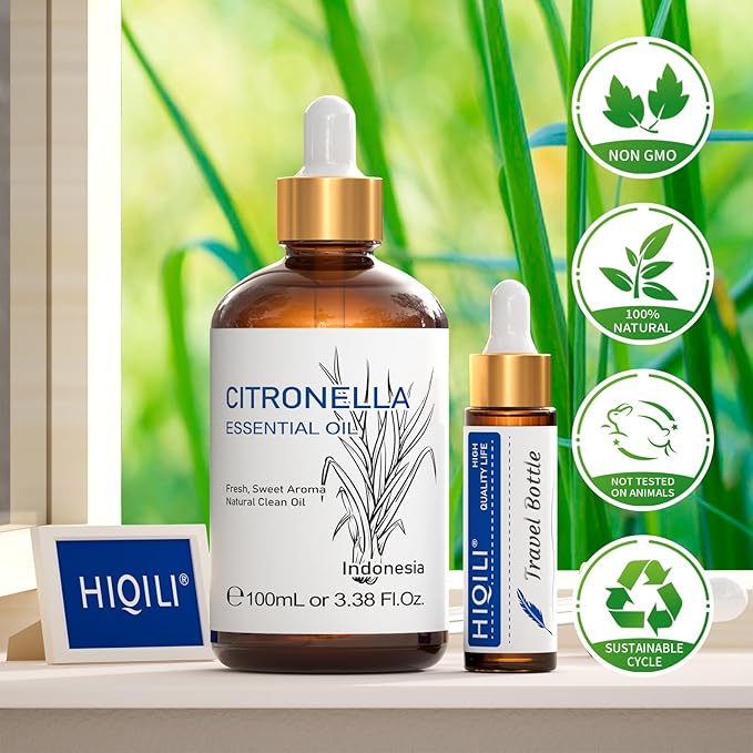 HIQILI 100ML Citronella Oil for Homemade Sprays, Add to Diffuser, 100% Pure and Natural Undiluted 3.38 Fl Oz
