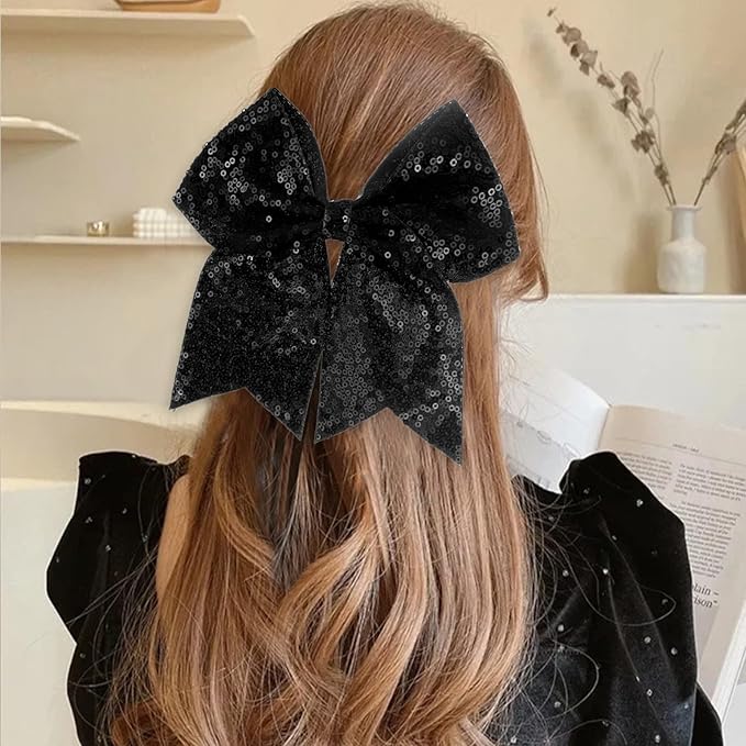 Large Big 7 Inch Glitter Bow Clip Sequin Bling Party Hair Accessories for Women Teens Girls Kids 3 Pcs (Blue, Purple, Black)