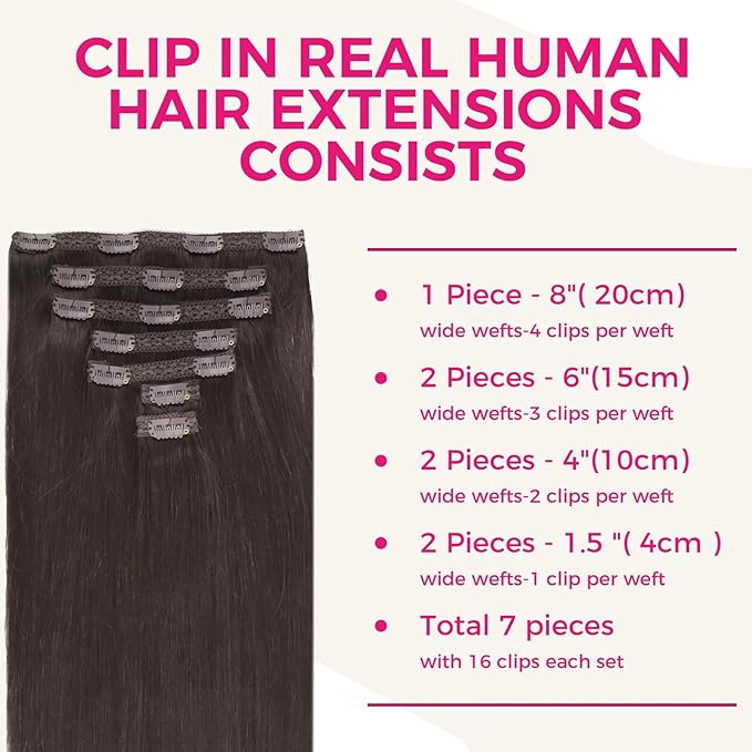 Lashey Clip in Hair Extensions, Straight 16 Inch 7pcs #2 Dark Brown Remy Human Hair Extensions Natural 120g Thick Clip in Hair Extensions for Black Women