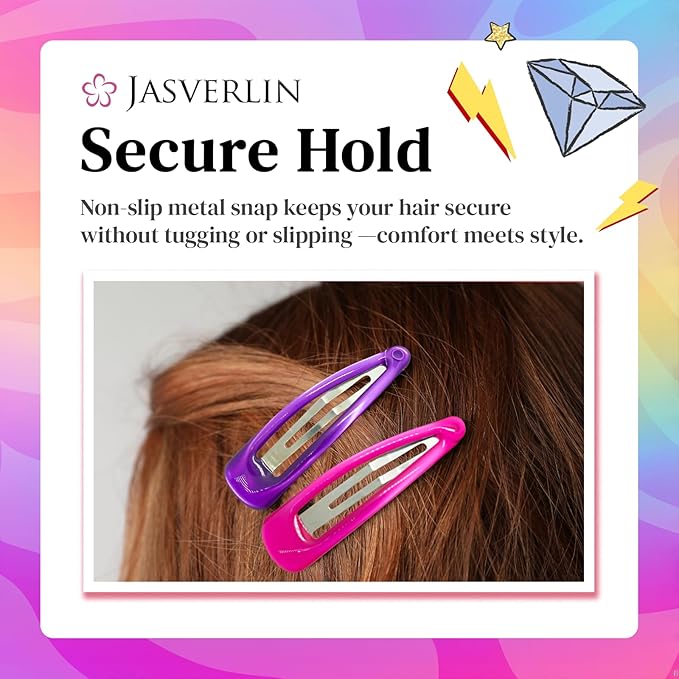 2.5” Large Snap Hair Barrettes for Women Girls, Y2k Colorful Cute Metal Flat Hair Clips for Kids Fine Thin Hair Styling Accessories, Big Neon Hairclips 6 Colors 30 Pcs