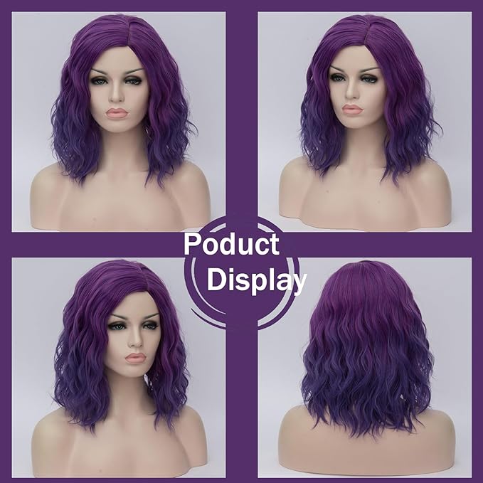 BUFASHION 14" Women Short Dark Purple Kinky Straight Cosplay Synthetic Wigs With Air Bangs 46 Colors Available (Ombre Dark Purple)