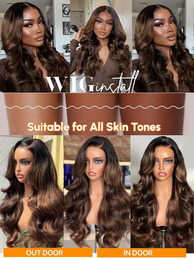 Julia Hair Bye Bye Knots Glueless Wig Highlight Balayage Brown Body Wave 7x5 Pre Cut HD Lace Front Wigs Human Hair Pre Plucked Bleached Knots Pre Everything Ready To Go Ombre Wig 16 Inch