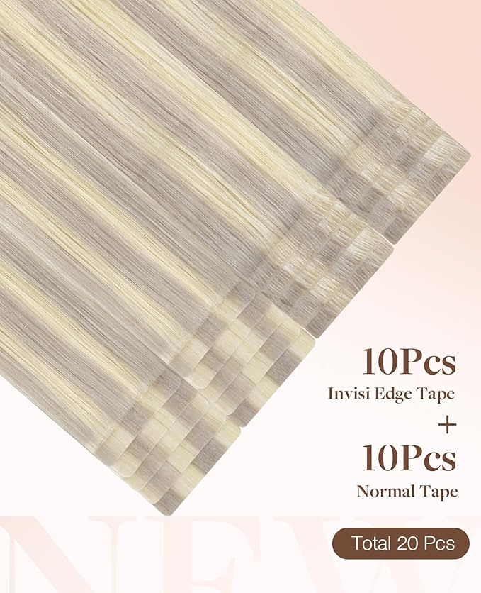 GOO GOO Invisi Edge Tape in Hair Extensions Human Hair, 17/22/60 Balayage Ash Blonde to Golden Blonde and Platinum Blonde 10pcs injected with 10pcs classical tape ins, 24inch 50g, Virgin Remy Hair