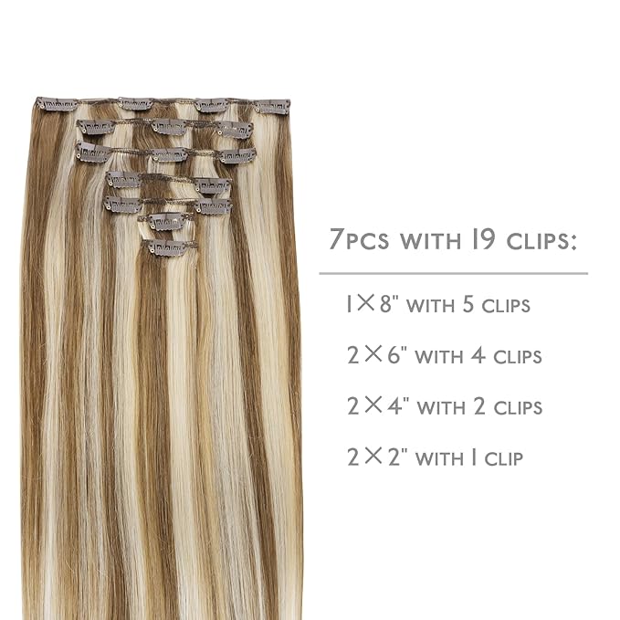 WENNALIFE Clip in Hair Extensions Real Human Hair, 20 Inch 120g 7pcs Ash Brown with Platinum Blonde Highlights Hair Extensions Clip in Human Hair RemyStraight Natural Extensiones De Cabello Humano Con