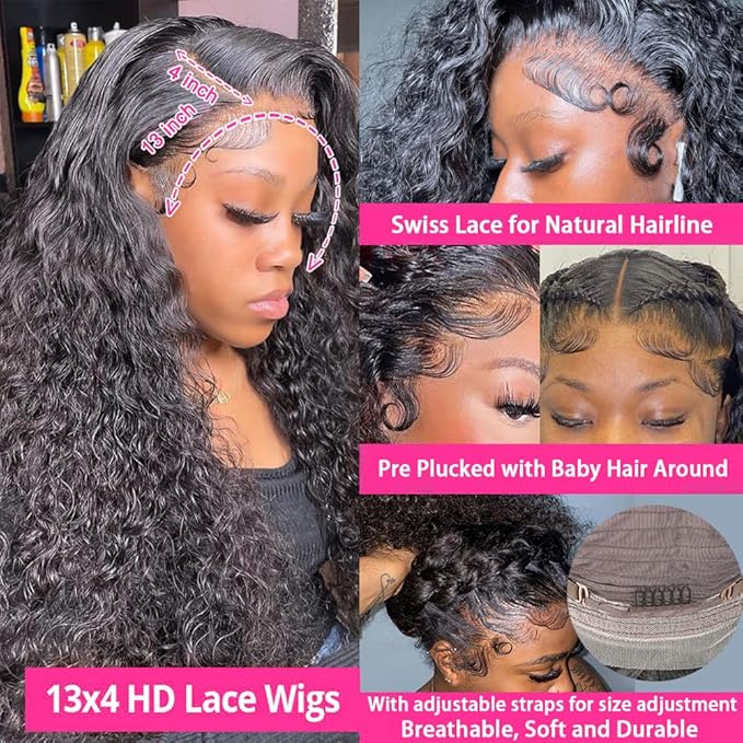 Deep Wave Human Hair Wig - Lace Front, 180% Density, Curly, Wet & Wavy, 13x4 HD Lace Frontal, 18 Inch Glueless, Pre Plucked