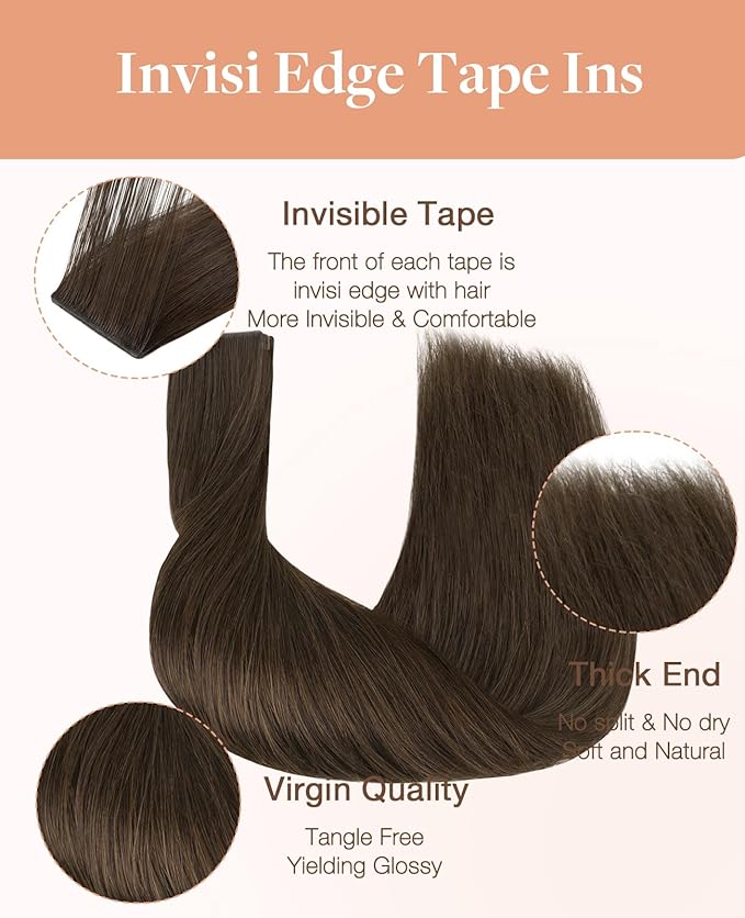 GOO GOO Invisi Edge Tape in Hair Extensions Human Hair, 2A Light Brown 10pcs injected with 10pcs classical tape ins, 16inch 50g, Virgin Remy Hair, Natural Look