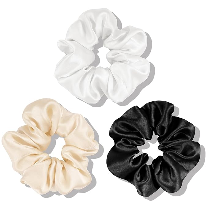 OLESILK 100% Mulberry Silk-Scrunchies for Hair Sleep, Women Grils Silk Hair Ties for Frizz & Breakage Curly Hair, No Damage, Elastics Ponytail Holder, 3 Pack
