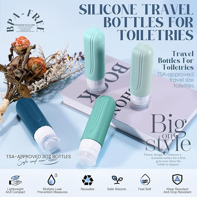 Travel Bottles for Toiletries, 3oz TSA Approved Travel Size Toiletries, Silicone Leak-Proof Refillable Containers, Squeezable Liquid Essentials Bottles W/Clear Bag (GREEN)