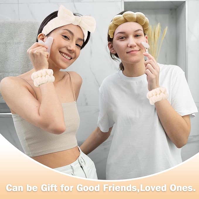 Zkptops 6Pcs Spa Headband for Washing Face Wristbands Set Women Bubble Skincare Makeup Sponge Terry Cloth Padded Puffy Headband Bow Tie Hairband Cute Non Slip Thick Hair Accessory Gifts (Brown)