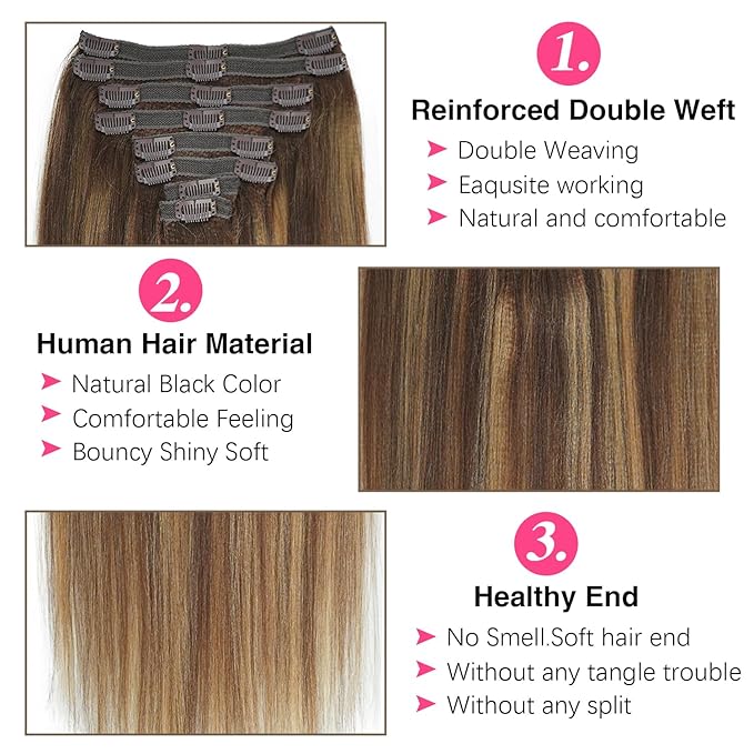 #4/27/4 Yaki Straight Clip in Hair Extensions Real Human Hair Omber Clip ins For Women Yaki Straight Clip on Hair(16inch,#4/27/4)