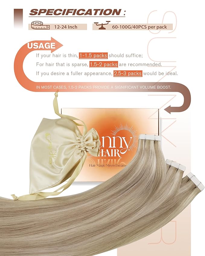 Sunny Hair Tape in Hair Extensions Real Human Hair Invisible Remy Hair Extensions Tape ins for Women Ash Blonde Highlight Bleach Blonde with Pink Hue 16 inch 40pcs 100g