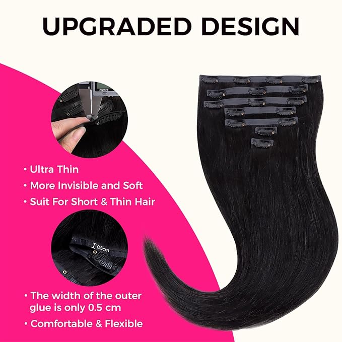 Lashey Seamless Clip in Hair Extensions Human Hair #1 Jet Black Light Yaki Straight Clip in Hair Extensions Real Human Hair 7pcs 110g 24 Inch PU Weft Natural for Women