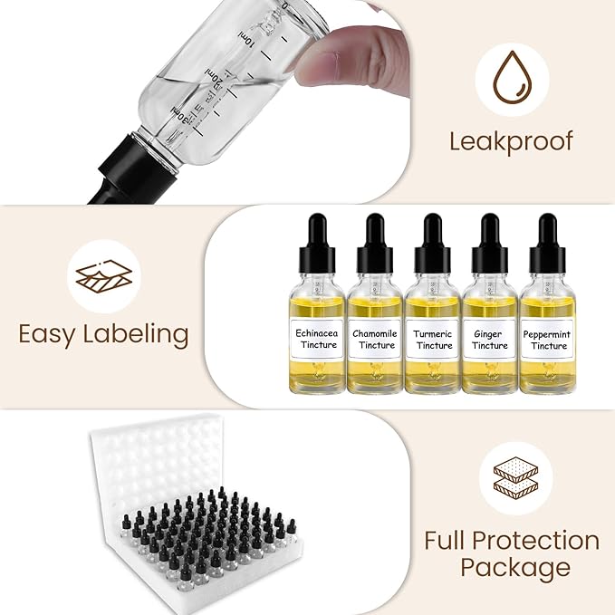 63 Pcs 1oz Clear Glass Dropper Bottles with Measurement, 30ml Leakproof Tincture Bottles with Funnels, Eye Droppers, Extra Caps & Labels, Refillable Empty Bottle for Tinctures, Essential Oils