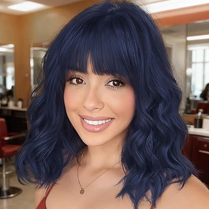 Nnzes Wig with Bangs for Women Short Bob Wavy Charming Synthetic Dark Blue Wigs with Natural Shoulder Length Curly Heat Resistant Hair for Daily Party Use
