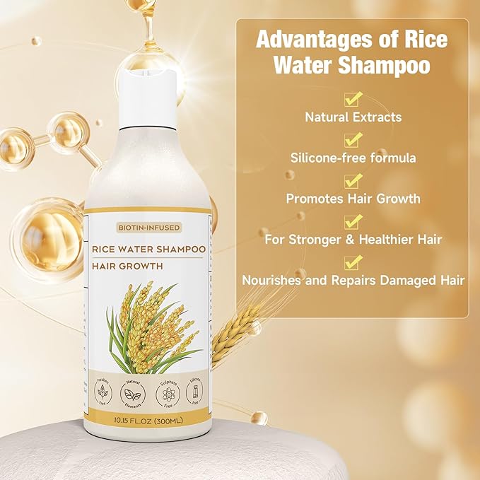 Rice Water Hair Growth Shampoo, Enhances Hair Luster, Suitable for Thinning Hair and Hair Loss, Promotes Hair Regrowth-10.15 FL.OZ