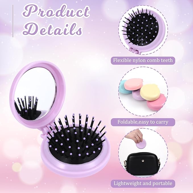 20 Pcs Folding Travel Mirror Hair Brushes Round Portable Pocket Brush Mini Compact Portable Hair Brush Mini Pop Up Hairs Brushes for Women (10 Colors)