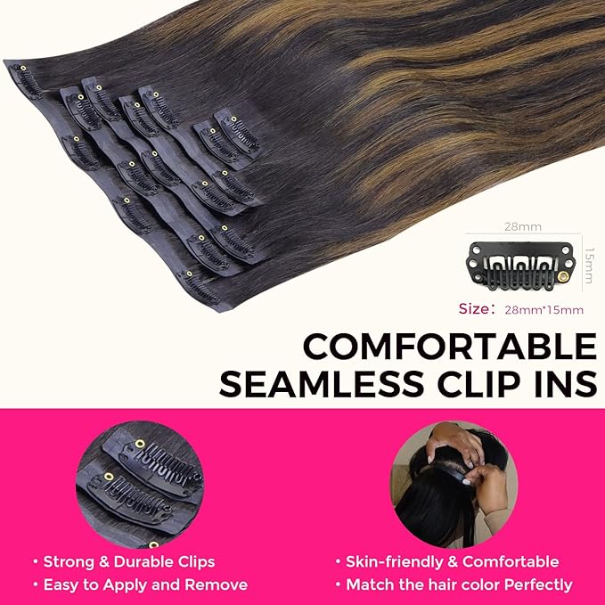 Lashey Straight Seamless Clip in Hair Extensions Human Hair 110g 7pcs 22 Inch Long Natural Black Mixed Chestnut Brown PU Weft Clip in Hair Extensions for Black Women