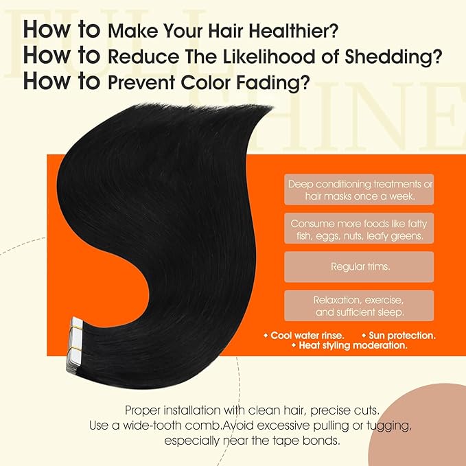Full Shine Black Tape in Hair Extensions Human Hair Color 1B Off Black Tape in Extensions Remy Seamless Skin Weft 20Inch Brazilian Extension 100G 40Pcs for Bridal Hairstyles