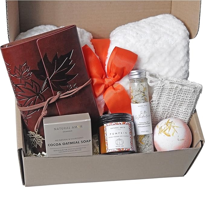 Natural Amor Cozy Spa for Women – Self Care Relaxation Box with Blanket, Scented Candle, Handmade Soap, Bath Bomb, Journal– Relaxation Holiday Gift for Women Men