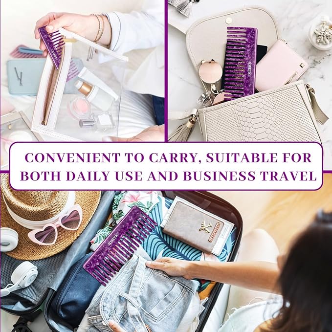 2Pcs Large Bright Violet Wide Tooth Comb for Women, Men, and Kids - Handmade, for Curly Hair. Long and Short Hair Detangler Comb for Wet and Dry Use. Professional Hair Cutting Comb - 6.29 Inches