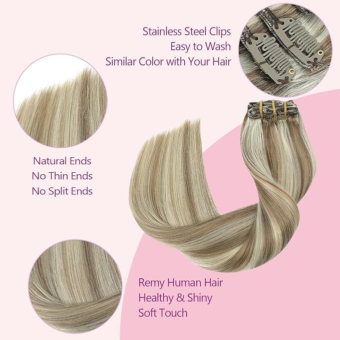 PINKPEARL Clip in Hair Extensions Straight Human Hair #8P60 Ash Brown Highlighted Platinum Blonde Clip in Extensions Remy Real Human Hair Extensions 7pcs 120g 20 Inch(#8P60-20)