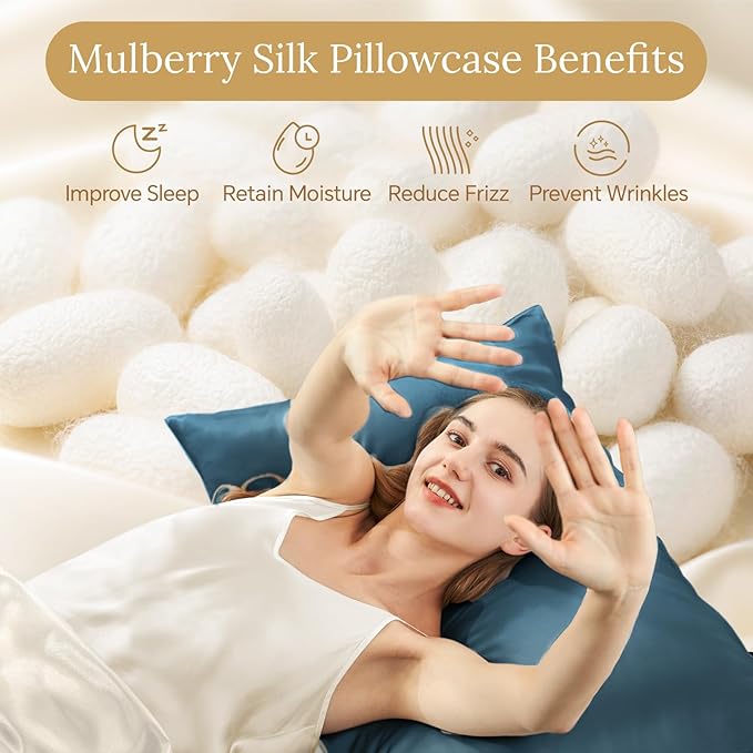 INFIIXSO Silk Pillow Cases 2 Pack Standard Size, Ultra Smooth & Soft Mulberry Silk Pillow Case for Hair and Skin, Breathable Cooling Silk Pillowcase with Hidden Zipper (Bluesteel, 20x26 Inches)