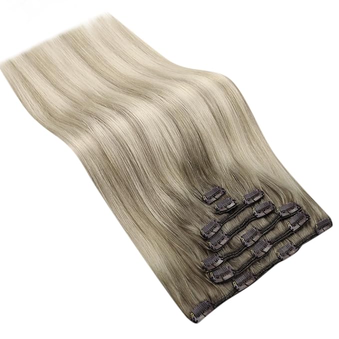 Ve Sunny Real Hair Extensions Clip in Human Hair Ash Grey Balayage Platinum Blonde Hair Extensions Clip ins Ombre Remy Straight Human Hair for Women 7pcs 120g 14 inch