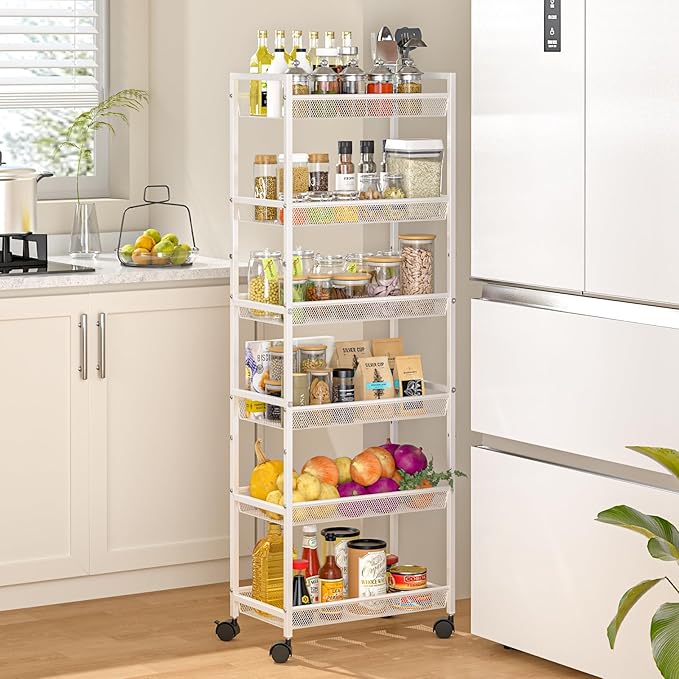 6 Tier Slim Rolling Storage Cart, Narrow Mobile Shelving Unit Organizer Utility Cart with Wheels, Metal Wire Storage Rack with Baskets for Kitchen, Bathroom, Laundry & Living Room, 10in(W) White
