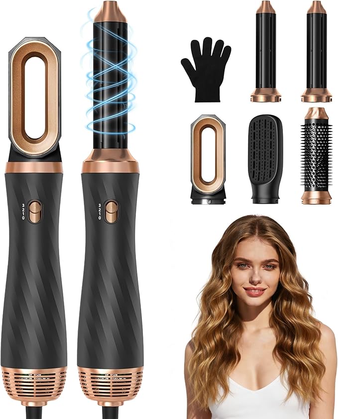 5 in 1 Hair Dryer Brush -Ionic Auto Wrap Curler & Straightener with 3 Heat Settings, Magic Hair Styler Salon-Grade Results for Women, Travel-Friendly Styler with ALCI Plug (A-Black)