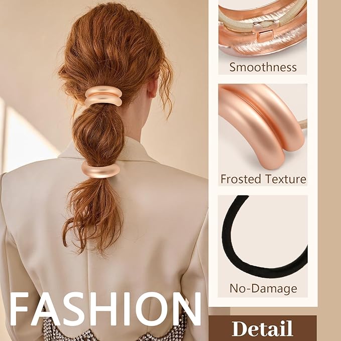3PCS Pink Gold Hair Ties, Metal Hair Ties for Thick Hair, Elegant Durable Geometric Design Hair Cuffs, Gold Hair Accessories Stretchy Non-Damage Ponytail Cuff Holders Holiday Gifts