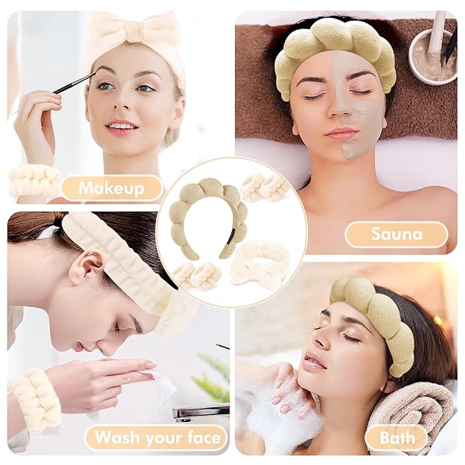 Zkptops 6Pcs Spa Headband for Washing Face Wristbands Set Women Bubble Skincare Makeup Sponge Terry Cloth Padded Puffy Headband Bow Tie Hairband Cute Non Slip Thick Hair Accessory Gifts (Brown)