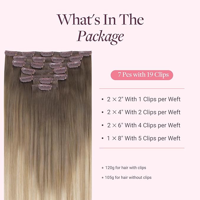 GOO GOO Clip in Hair Extensions Real Human Hair, Remy Human Hair Extensions Clip ins for Women, Natural Human Hair, 16inch 120g 7 Pcs, #9/18J/60 Chocolate Brown to Champagne Blonde Balayage
