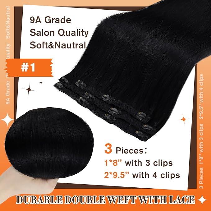 Full Shine Clip in Human Hair Extensions 12 inch 60g 3Pcs Hair Extension Clip ins Jet Black Remy Hair Clip ins for Women Soft Weft Ease of Use