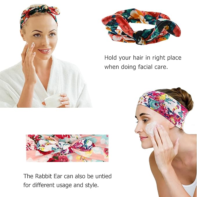 DRESHOW Boho Bow Headbands for Women Vintage Flower Printed Yoga Hairband Elastic Rabbit Ear Head Wrap 6 Pack