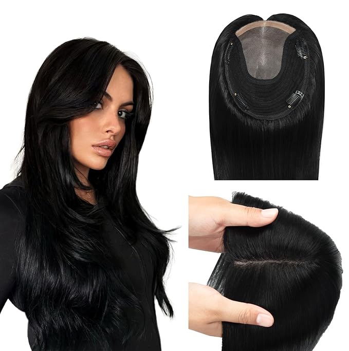 WORLDSTAR Human Hair Toppers for Women Real Human Hair No Bangs 6 * 7 Inch Base 12 Inch 55g #1 Jet Black Toppers Hair Pieces for Women with Thinning or Grey Roots (tp#1-12