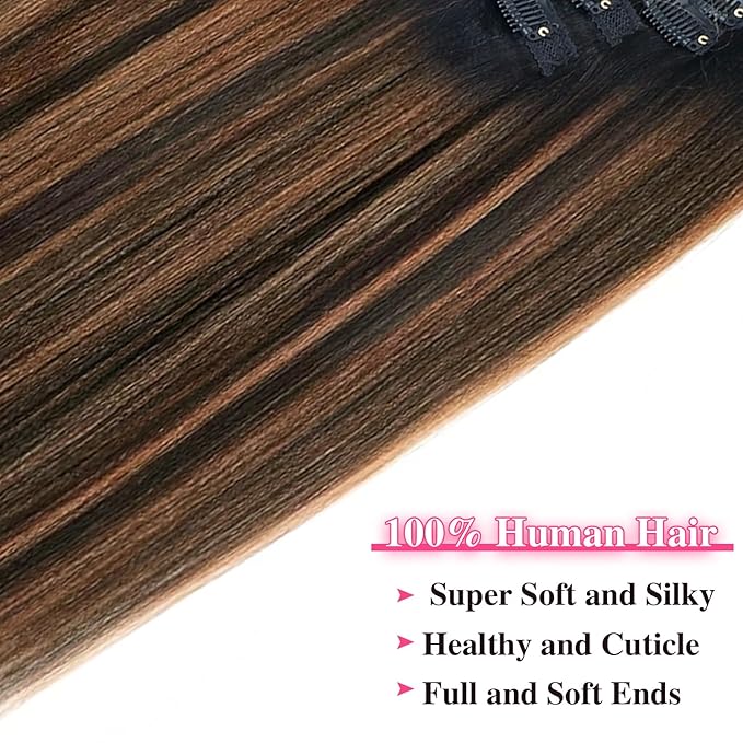 Yaki Straight Clip ins Real Human Hair Extensions For Women Highlight Hair Extensions Yaki Straight Clip in Hair Extensions(18inch,T1BP1B/30)