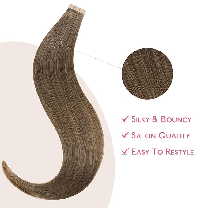 WENNALIFE Tape in Hair Extensions Human Hair Light Ash Brown Tape in Extensions, 10pcs 20g 12 inch Remy Invisible Tape Ins Straight Colored Soft Real Human Hair Tape in Extensions Refill Set