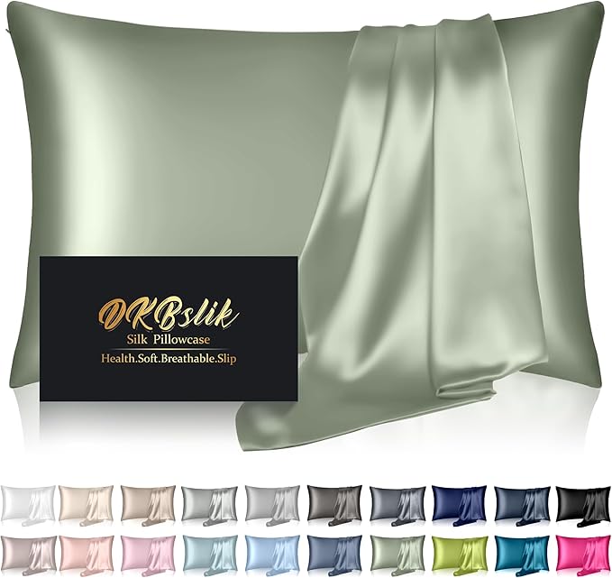 Silk Pillowcase for Hair and Skin, Mulberry Silk Pillow Cases Standard Size, Anti Acne Cooling Sleep Both Sides Natural Silk Satin Pillow Covers with Hidden Zipper, Gifts for Women Men, Sage Green