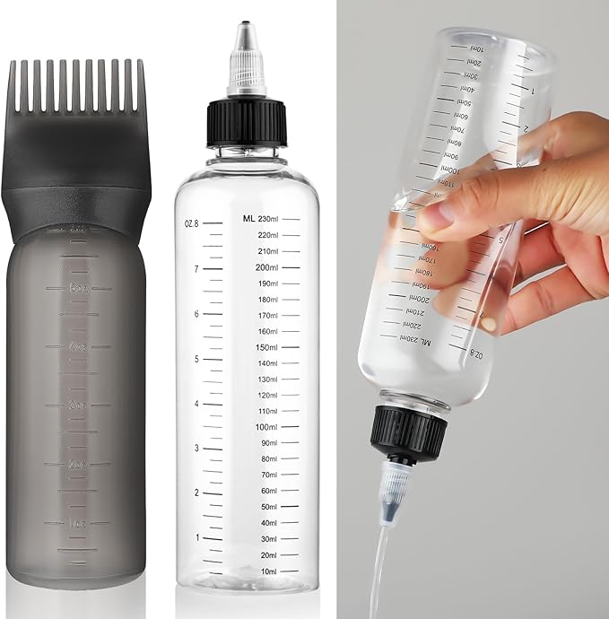 2 Pack Applicator Bottle for Hair, 8.5oz 6oz Squeeze Empty Oil Dispenser Hair Color Applicator Root Dye PET Plastic Refillable Bottles with Graduated Scale and Twist Top for Home Salon Sylist