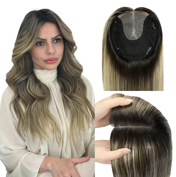 WORLDSTAR Hair Toppers for Women Real Human Hair 6 * 7 Inch Base 14Inch 65g #1B/4/27 Natural Black Ombre Brown with Caramel Blonde Hair Topper for Women with Thinning or Grey Roots (tp#1B/4/27-14)