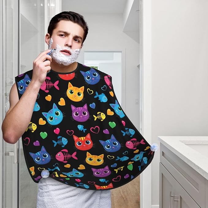 Adjustable Non-Stick Beard Apron, Hair Catcher Cape for Shaving Grooming, Waterproof with Suction Cups Men, Goth Cute Cat and Fish Shave Bib