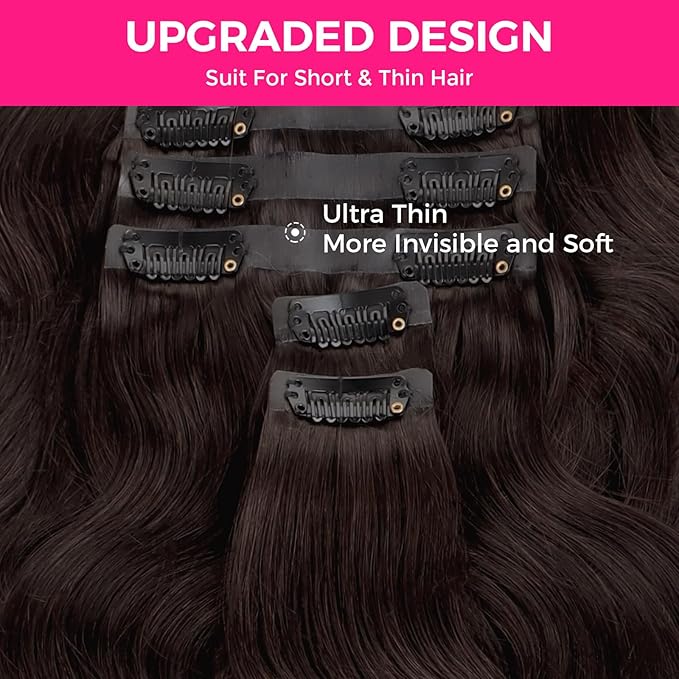 Lashey Seamless Clip in Hair Extensions Human Hair #2 Dark Brown Body Wave Clip in Hair Extensions Real Human Hair 7pcs 110g 20 Inch PU Weft for Women