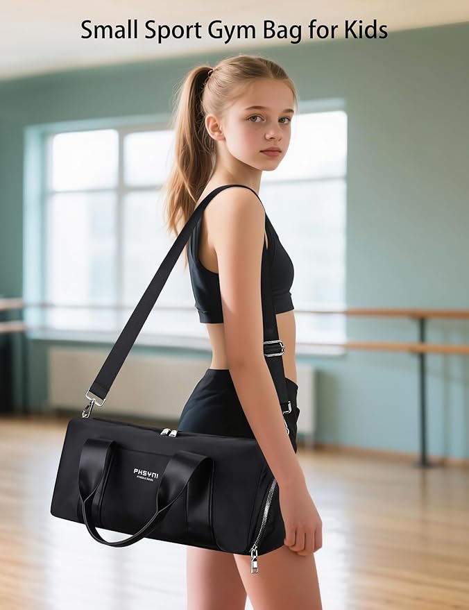 Compact Sports Gym Bag for Women & Girls and Kids, Cute Mini Duffle Bag with Wet Pocket & Shoes Compartment, Personal Item Travel Workout Bag, 16"-Small, Black